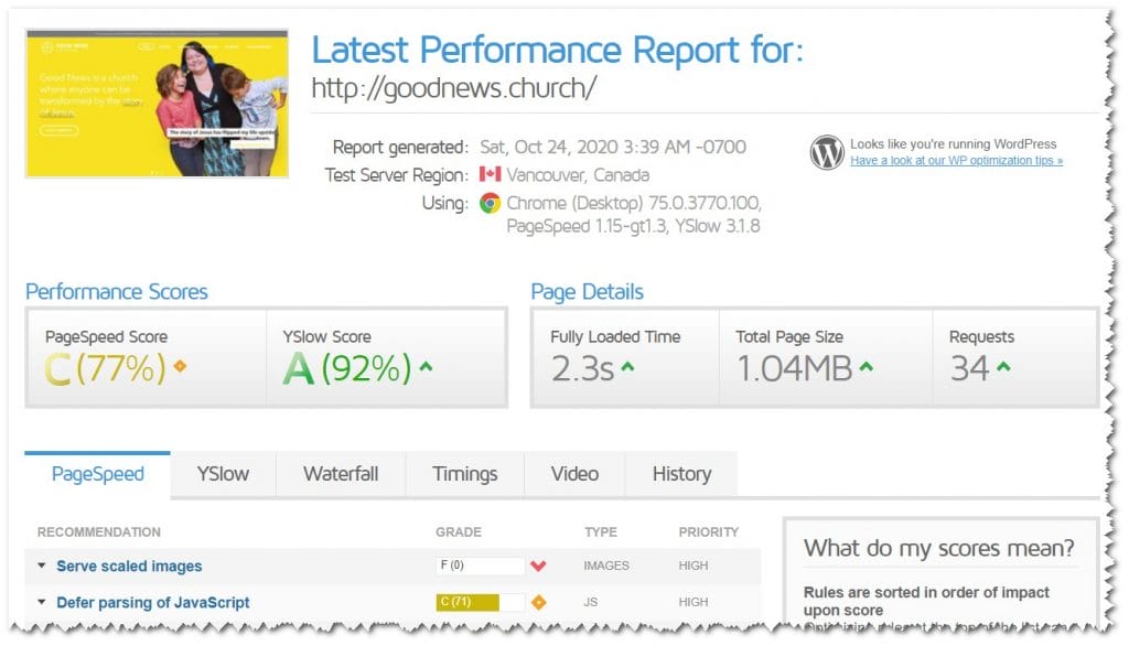 Evaluating the Good News Church website. Performance report from GTMetrix. PageSpeed score = 77%, and YSlow score = 92%