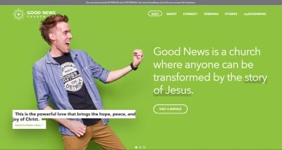 Evaluating a church website. Good News Church home page screen capture. Good News is a church where anyone can be transformed by the story of Jesus. Photo of Eric Klebba wearing Dodge Cars and Trucks t-shirt. Dependable. Made in Detroit USA. Quote from Eric Klebba's story: This is the powerful love that brings the hope, peace, and joy of Christ.