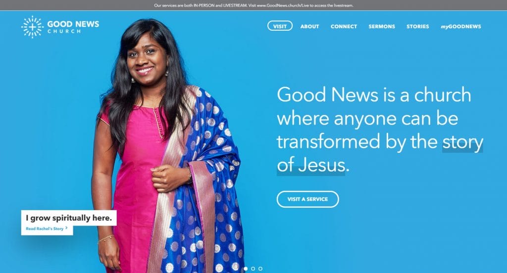 Evaluating a church website. Image from homepage of GoodNews.church - one of several rotating images. Good News is a church where anyone can be transformed by the story of Jesus.