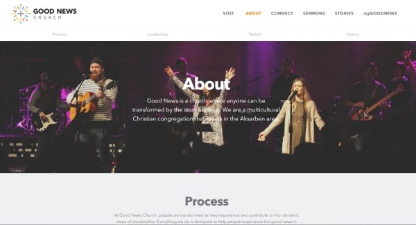Evaluating a church website. Good News Church - screen capture from the 'About' page. Man with beard playing acoustic guitar. Men in background playing electric bass, and electric guitar. 2 people in foreground worshiping God with arms outstretched.