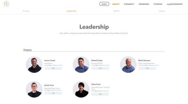 Evaluating a church website. Screen capture from Good News Church leadership page. Rounded portrait images of Jason Carter (lead pastor), Rafael Aristry (executive pastor), Mark Stevens (senior associate pastor), Isaiah Fern (associate pastor for children), Chris Ford (associate pastor for prayer and care).