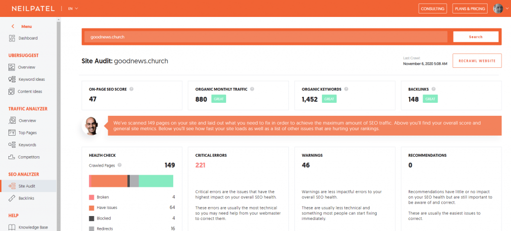 Results page from the Neil Patel site auditing tool. On-page SEO score = 47, organic monthly traffic = 880, organic keywords = 1452