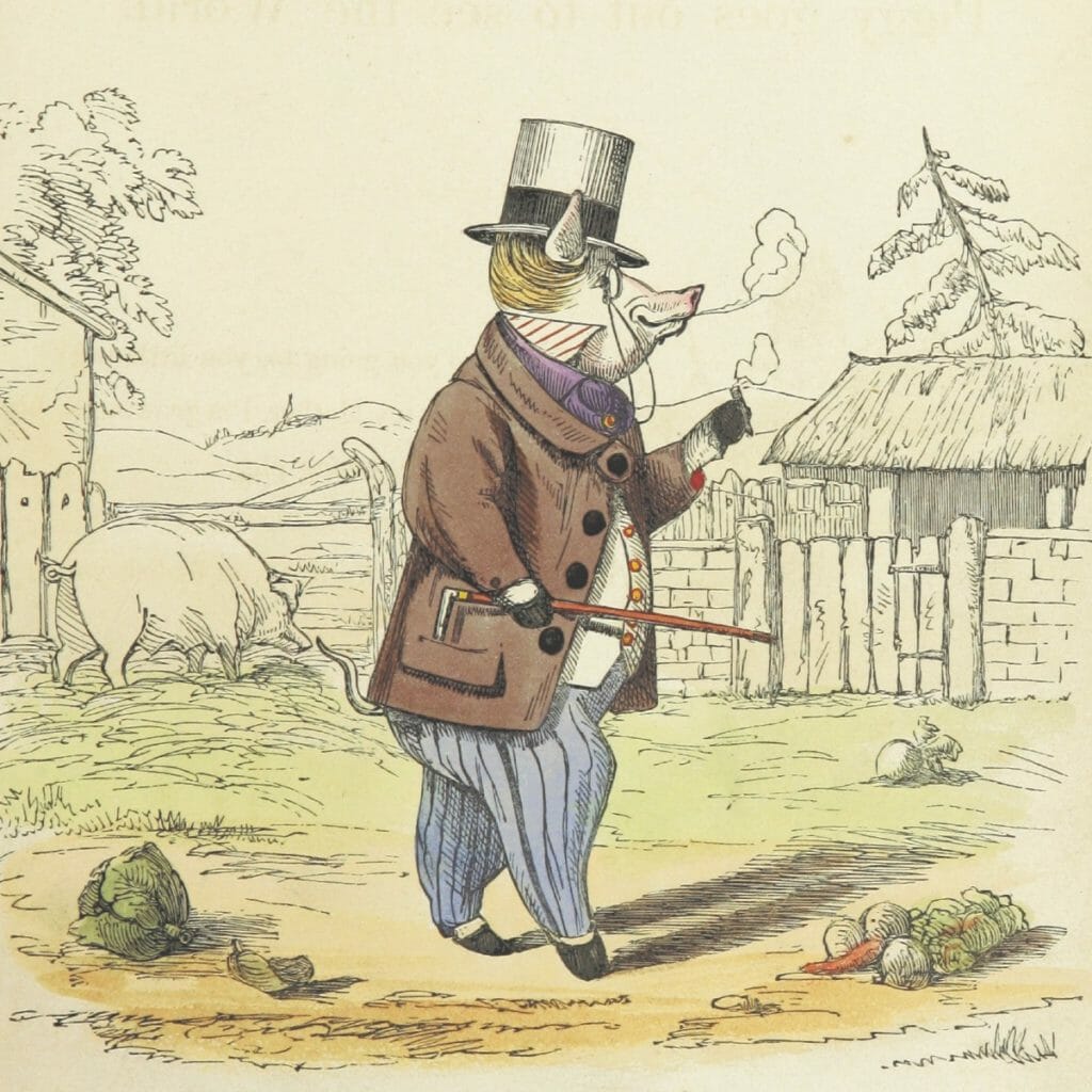 Smart Pig Art - Precocious Piggy walks to town while smoking a cigar.