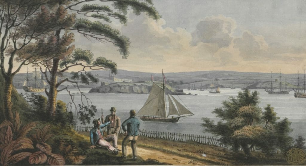 View of Drake Island, the Citadel of Plymouth, with Cat Water, Mount Batton and the Sound, from the Cottage on Mount Edgcumbe