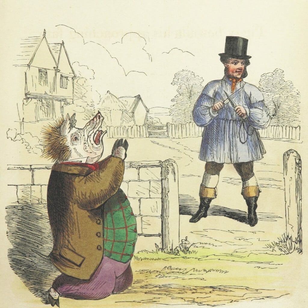 The terrified pig is not so smart after all. His life ends with a visit to the butcher.