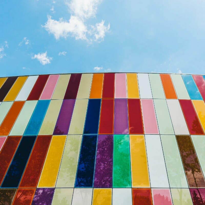 Colorful tiles or glazed panels on the walls of Waterloo Museum - in Kitchner, Ontario.