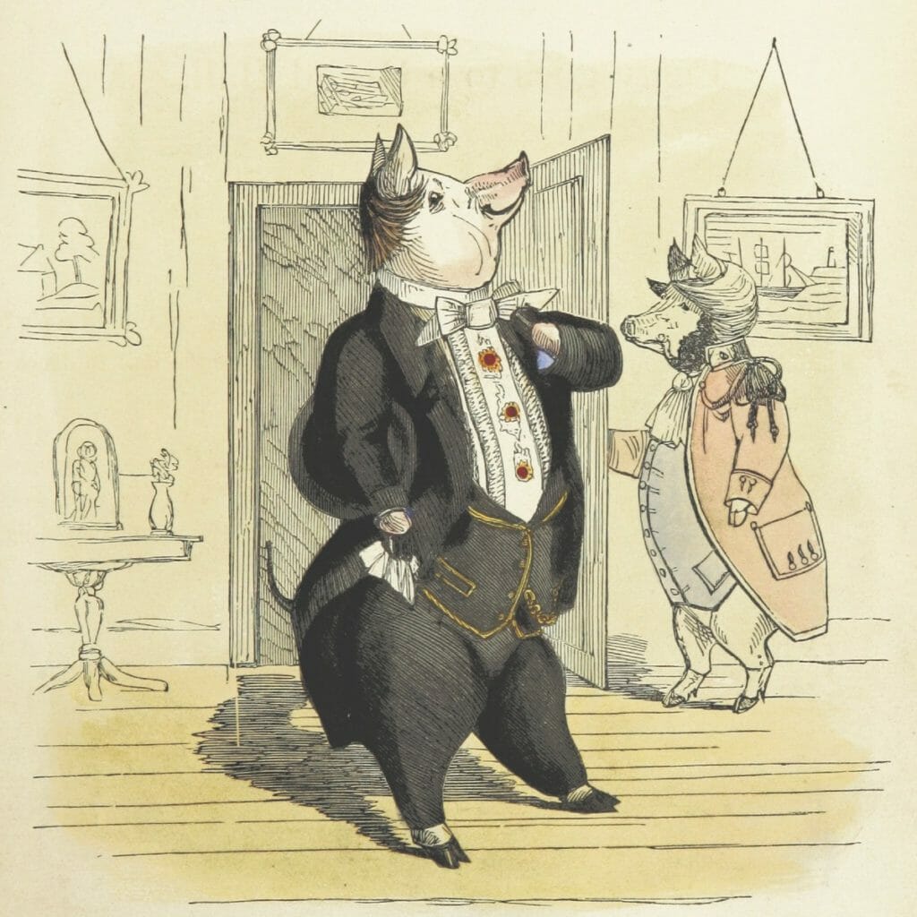 Smart Pig Art - Precocious Piggy wearing a black tuxedo.