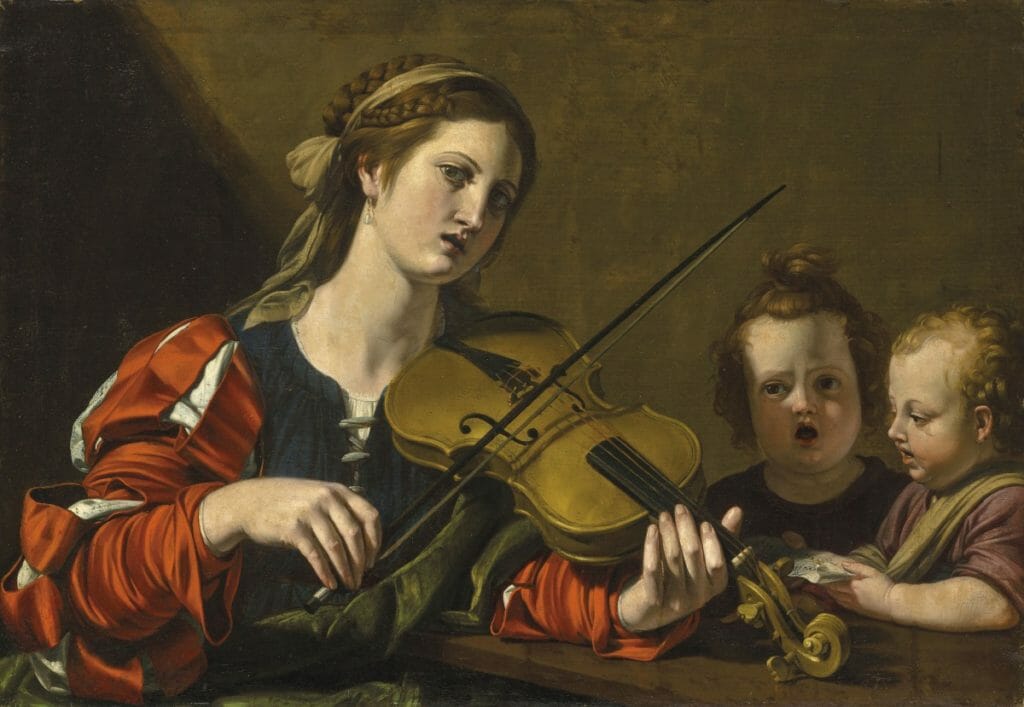 Woman playing violin with two children singing