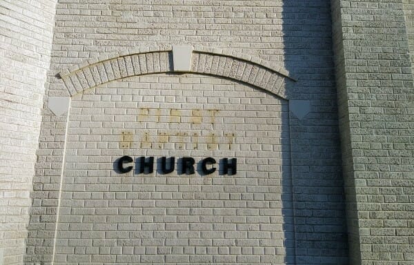 A decorative brick archway with keystone at the old First Baptist Church in Dearborn, Michigan.