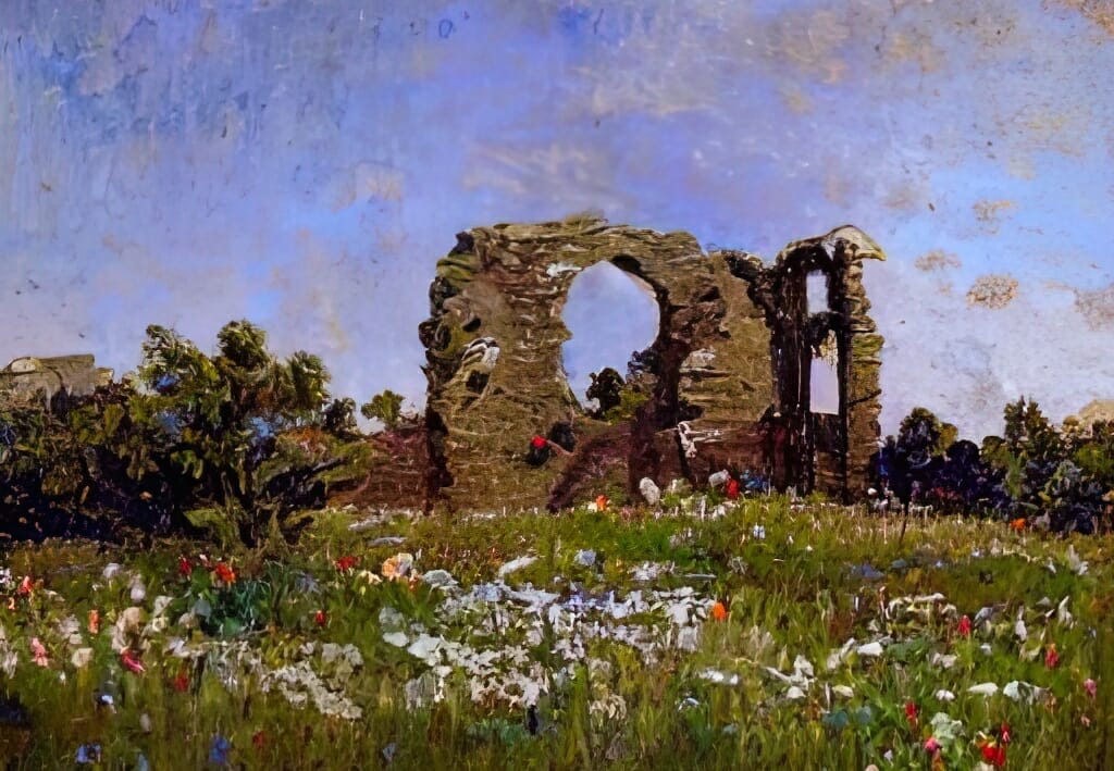 A dream to build it slow. The ruins of an old stone church building, in a field of beautiful wildflowers. This digital art by Doug Vos depicts the old church that Saint Francis found, and rebuilt slow and surely, day by day, and stone by stone.