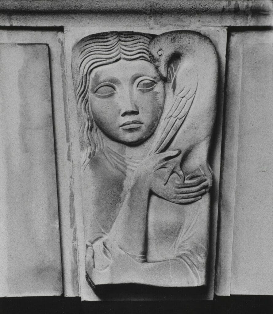A keystone, depicting a woman holding a bird, as found on the Sergeant’s Inn building, Fleet Street, London, UK.