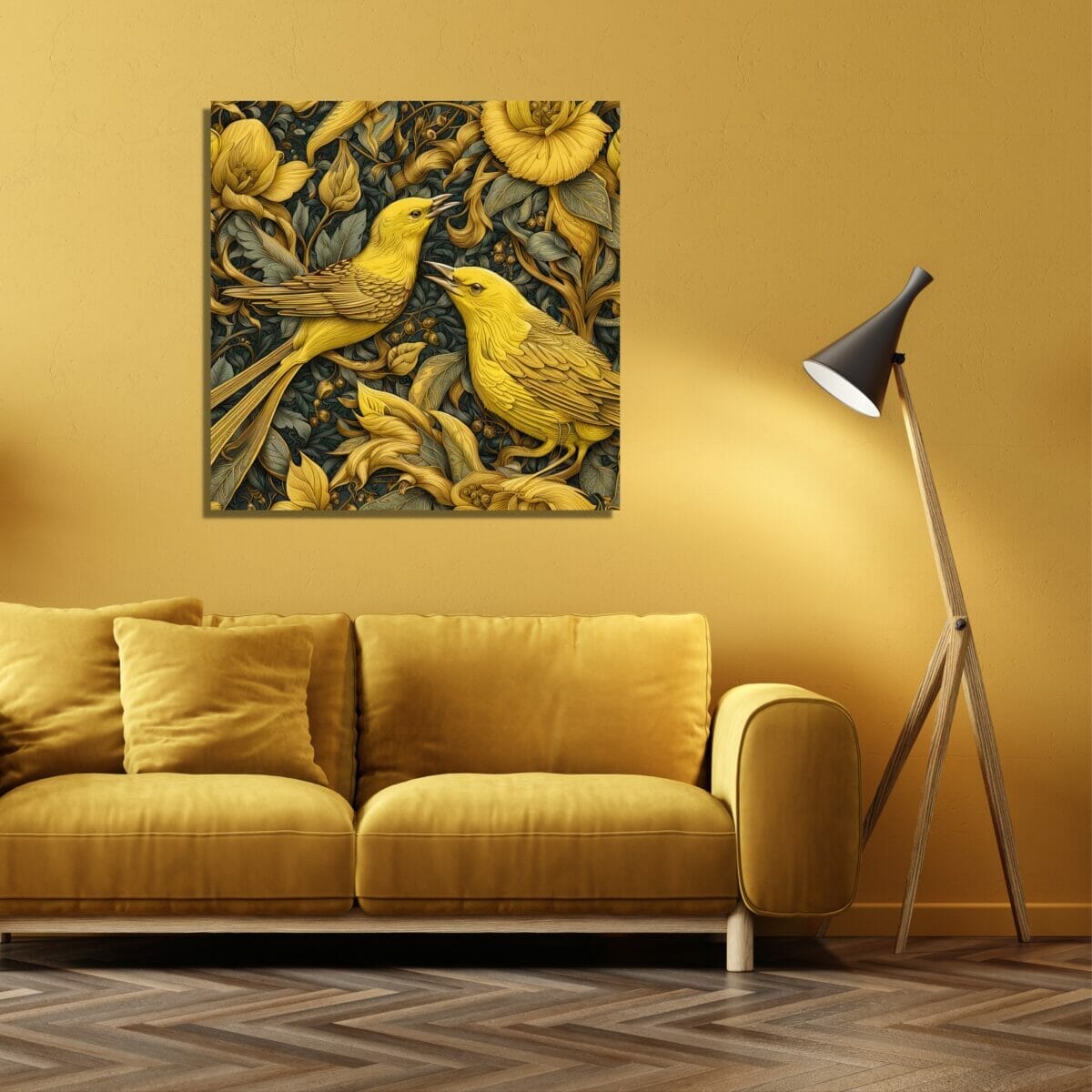 The Yellow Warblers artwork on a large stretched canvas print, as envisioned in a golden colored living room. 