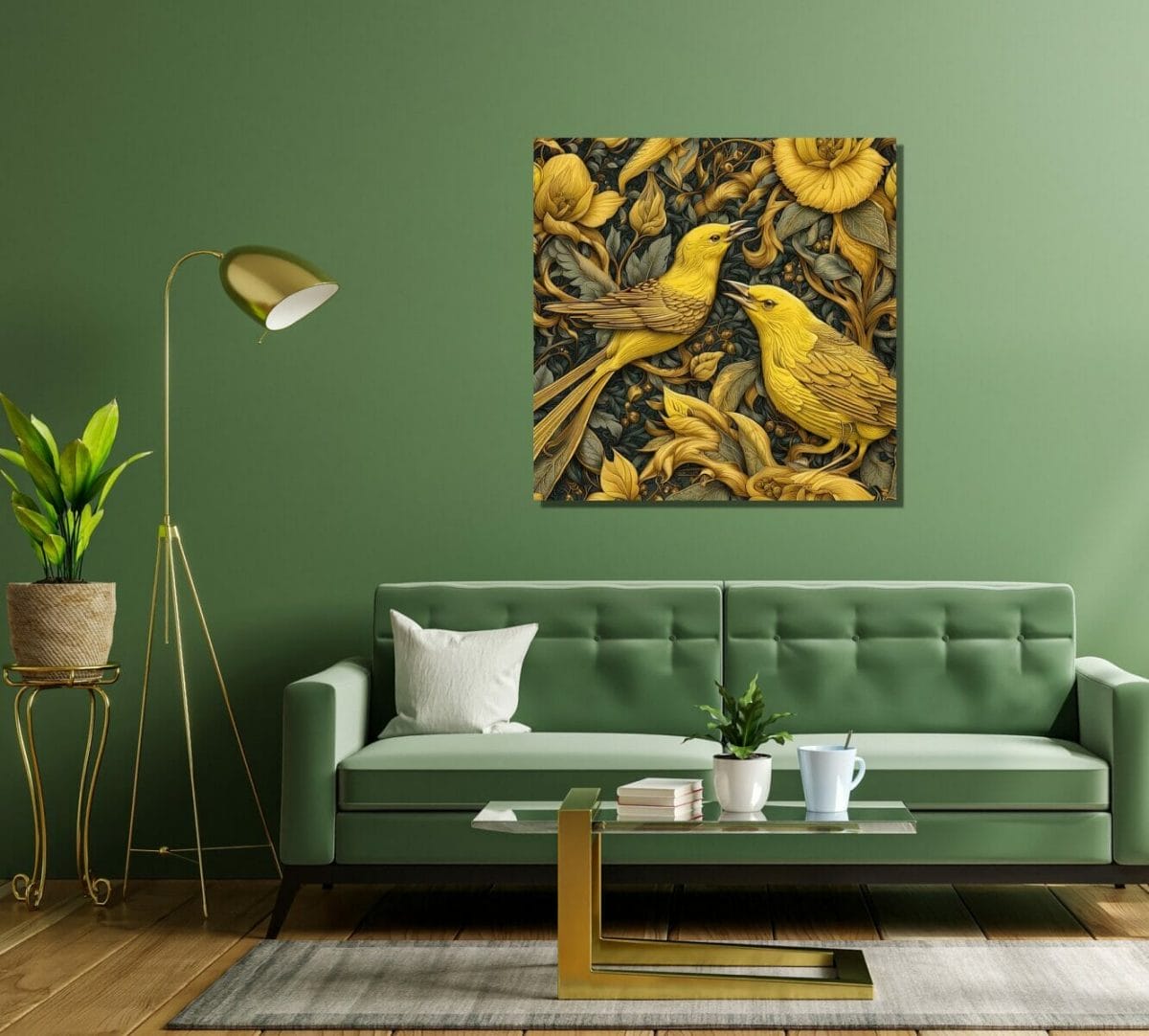 The Yellow Warblers artwork on a large stretched canvas print, as envisioned in a green and gold stylish living room. 