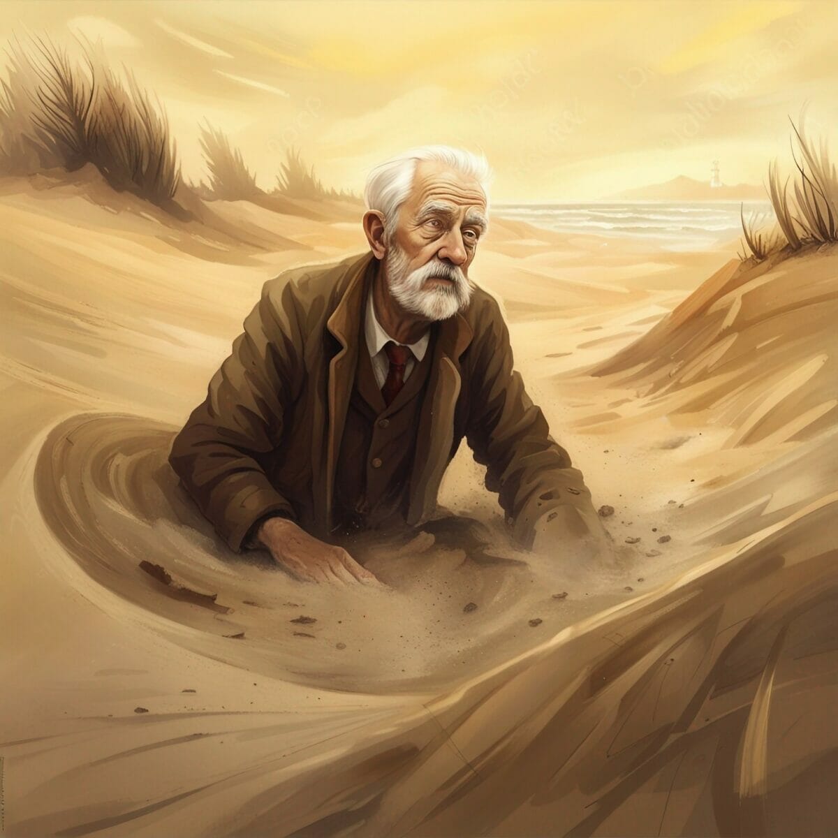 Sands or Time image 1 -- depicting an elderly gentleman wearing a suite and tie, stuck in a sand dune near the beach.