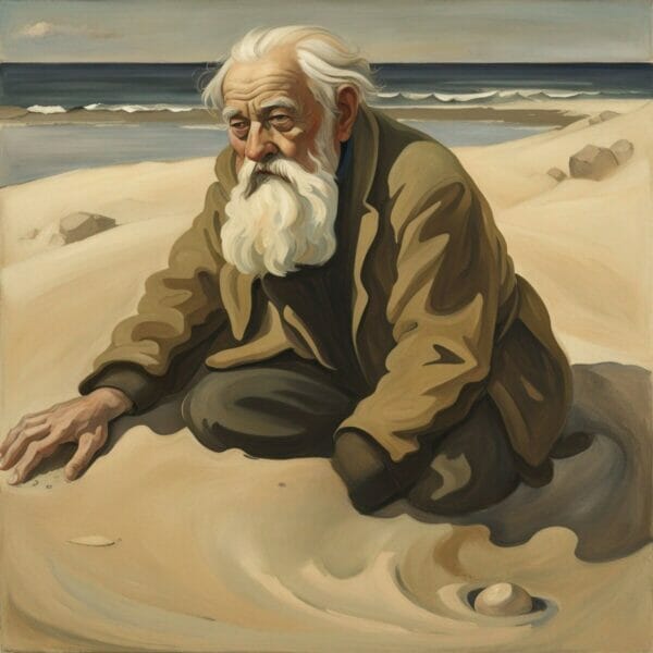 Image 2. An old man with a fluffy white beard is sitting on the sand by the seashore.