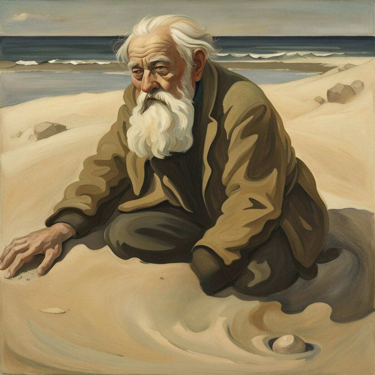 Sands of Time image 2. An old man on the beach with a large white beard, wearing a brown coat, and with one hand buried in the sand.
