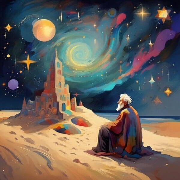 Abraham sits near a colorful sand castle, under a brilliant night sky, contemplating the millions of stars, and millions of grains of sand.