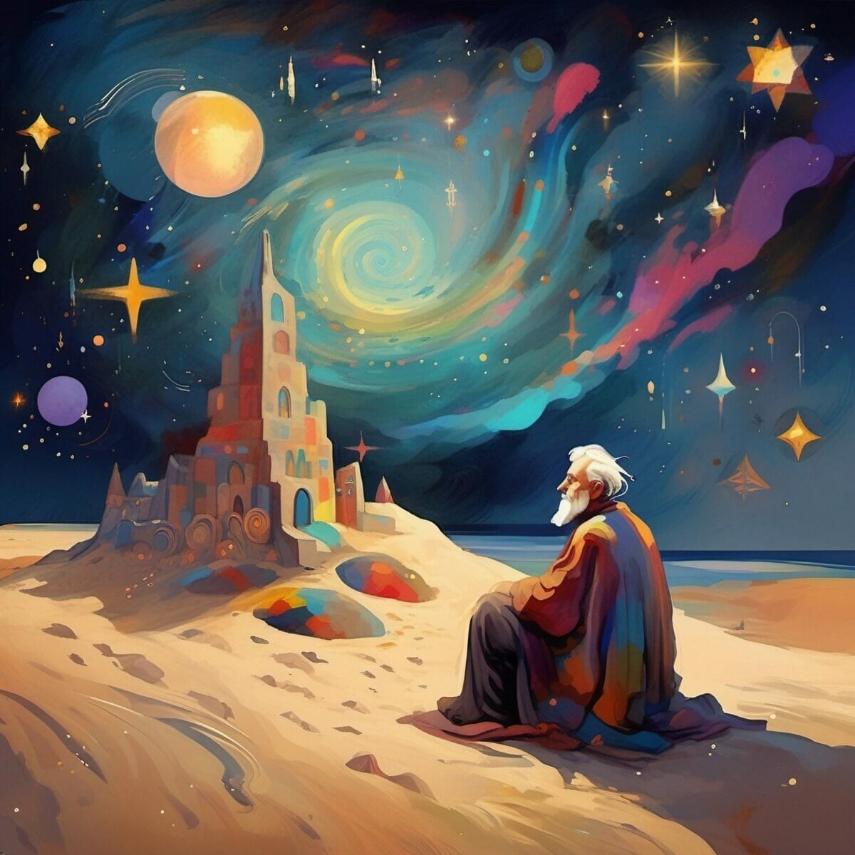 Father Abraham sits near a colorful sand castle, under a brilliant night sky, contemplating the millions of stars, and millions of grains of sand.