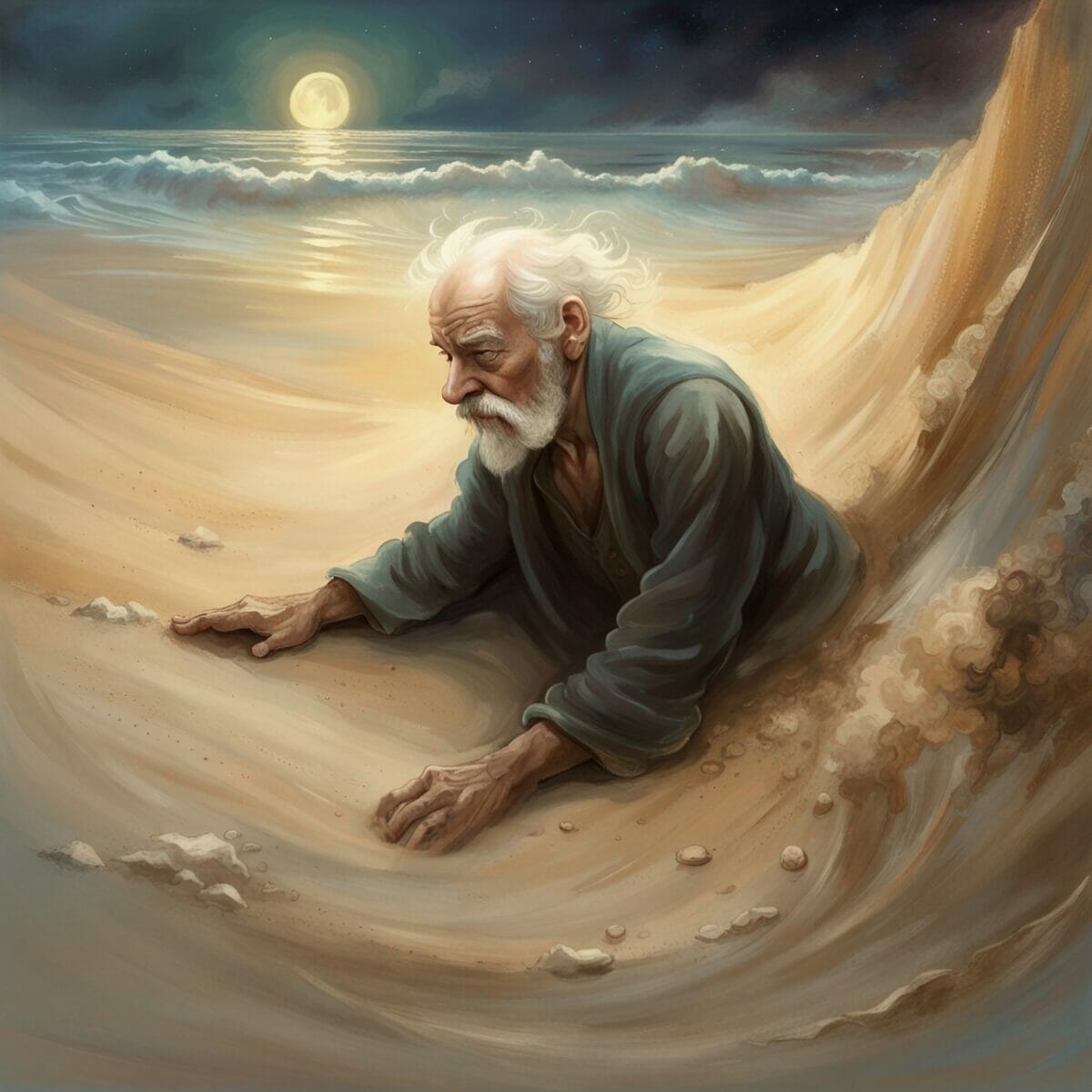 An old man sinking in the sand by the seashore.  Image 3 in the sands of time digital art collection by Doug Vos.