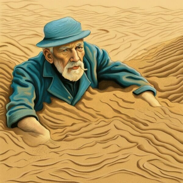 Image 6. A man wearing blue hat and coat, buried up to his chest in the sand.