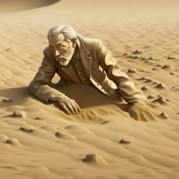 Image 7. A man trying to extract himself  out of the sands of time. He has white hair, and wearing beige (sand colored) clothing.