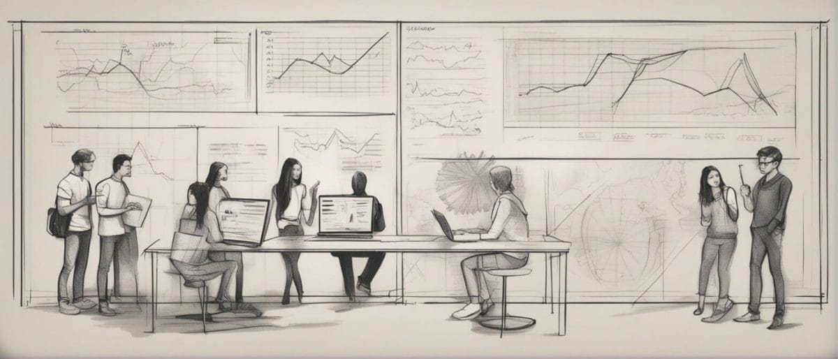 9 people gathered in a room to talk about continuous improvement for websites. An illustration for Doug Vos's article: 10 Criteria to Evaluate a Website.