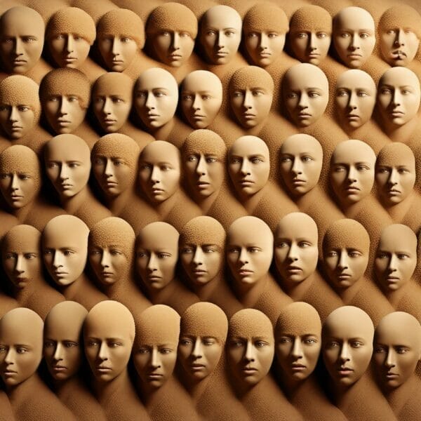 Sand people. Every person is a grain of sand, among the millions of people and grains of sand. Each grain of sand has the face of a person.