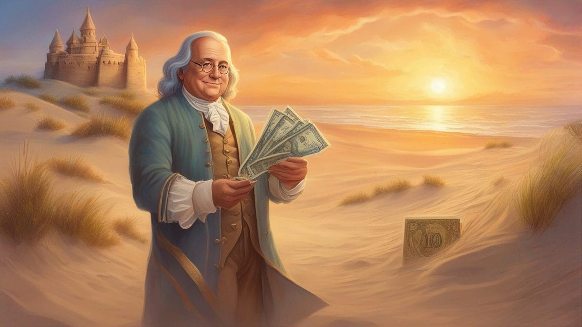 Ben Franklin holding some $100 bills with a large sand castle in the background. Image 31 in the Sands of Time Gallery