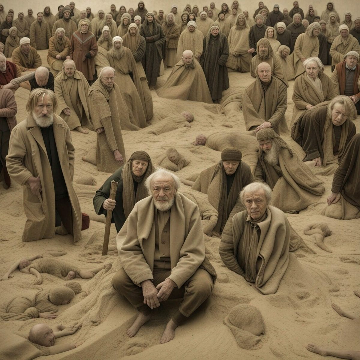 A large group of elderly people sitting in piles of sand.