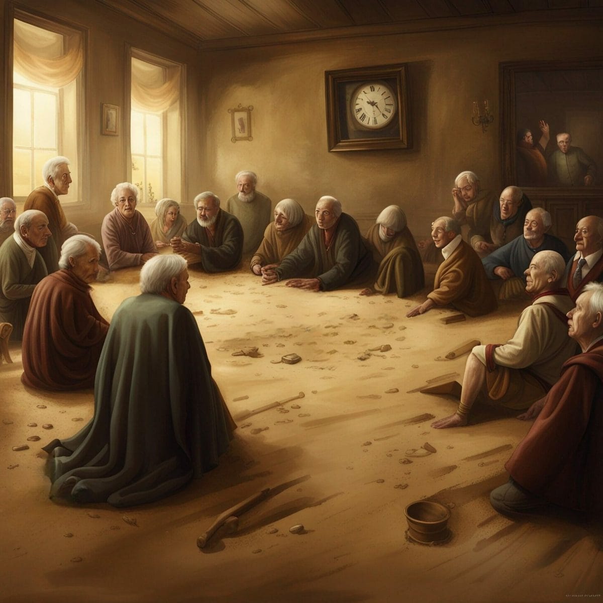 A room full of elderly people sitting in piles of sand.