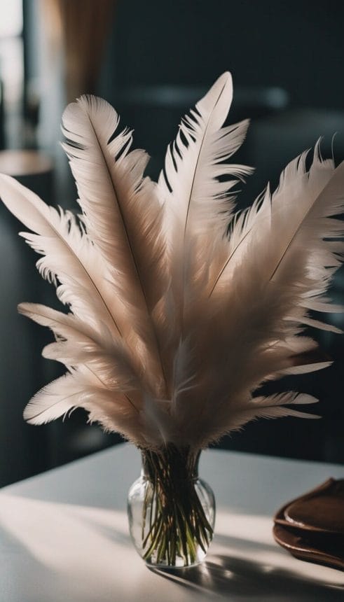 A bouquet of feathers on a desk. 
