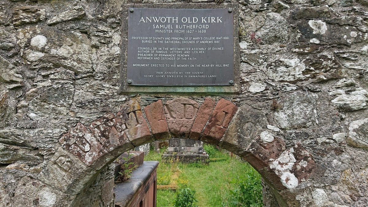 Anwoth Old Kirk. This photo was taken  at the ruins of the old church in Anwoth, Scotland. The archway has the words: BUILT AD 1627 carved into the stones, with AD carved into the Anwoth keystone.