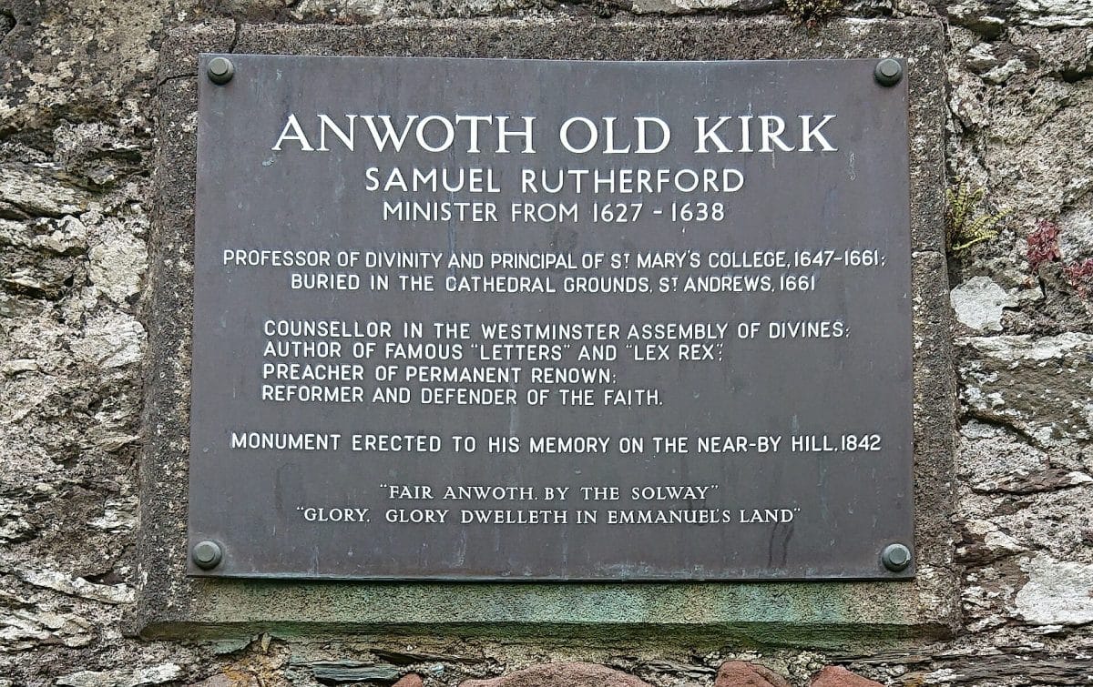 Closeup of historical plaque on the Anwoth Old Kirk building. Samuel Rutherford was the minister from 1627 to 1638.