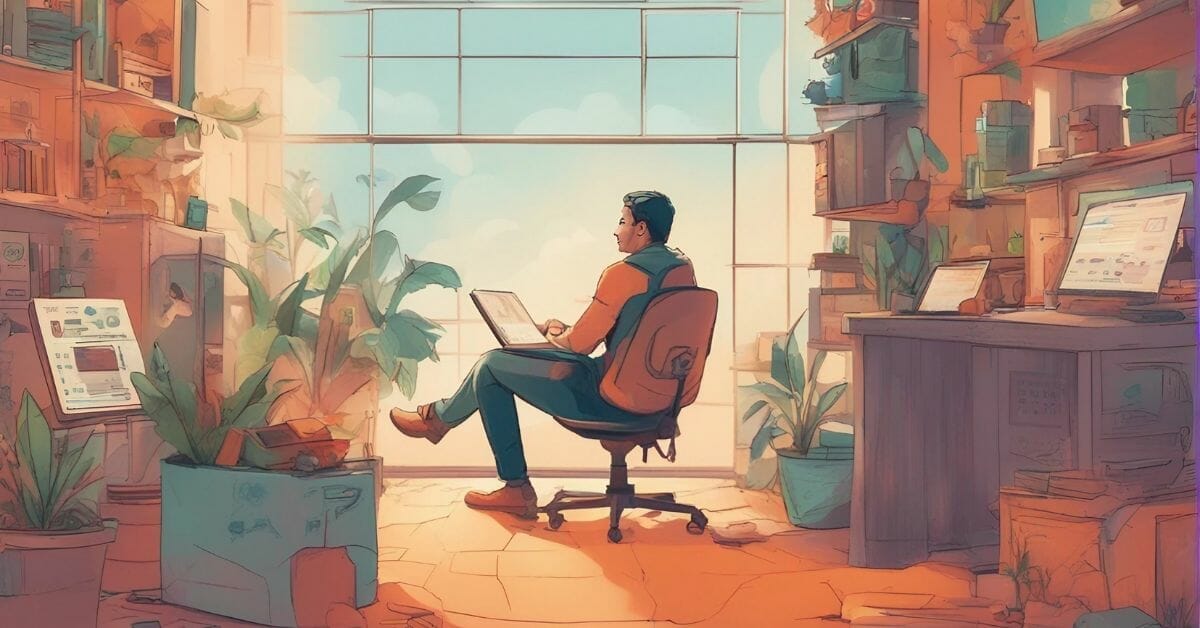 What ChatGPT Thinks About Credit Karma. An image generated by Staple Diffusion depicts a man (Mr. ChatGPT) working in his office and staring out the window, contemplating big ideas and evaluating big questions.