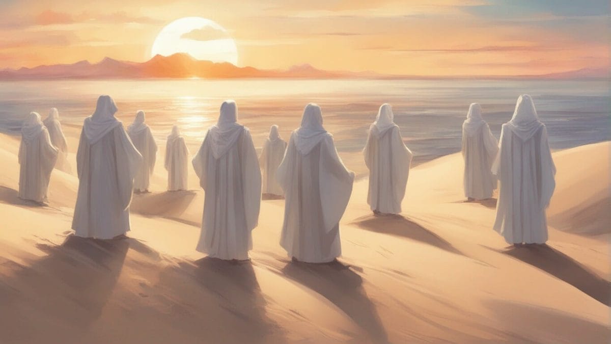 A choir on the sand dunes, singing at sunrise. The sands of time are sinking, the dawn of heaven breaks.
