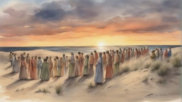 A choir on the sand dunes at sunrise, to sing the hymn: The Sands of Time Are Sinking.