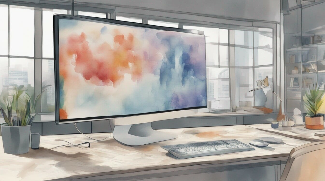 A water color painting of computer screen, screen saver, water color, beautiful aesthetics. 1st Illustration for 10 Criteria to Evaluate a Website.