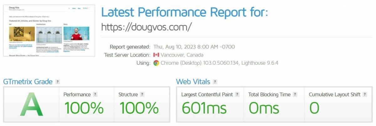 A screenshot of GTMetrix speed test and performance report for DougVos.com, as of 10-Aug-2023