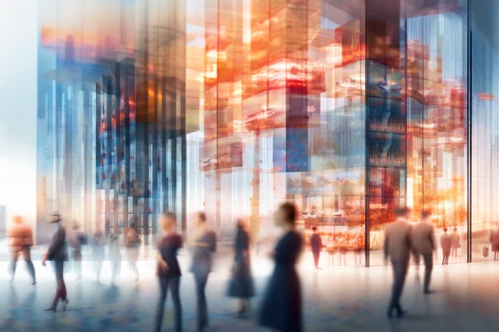 AI generated art, depicts a blur of people and buildings in a busy city.