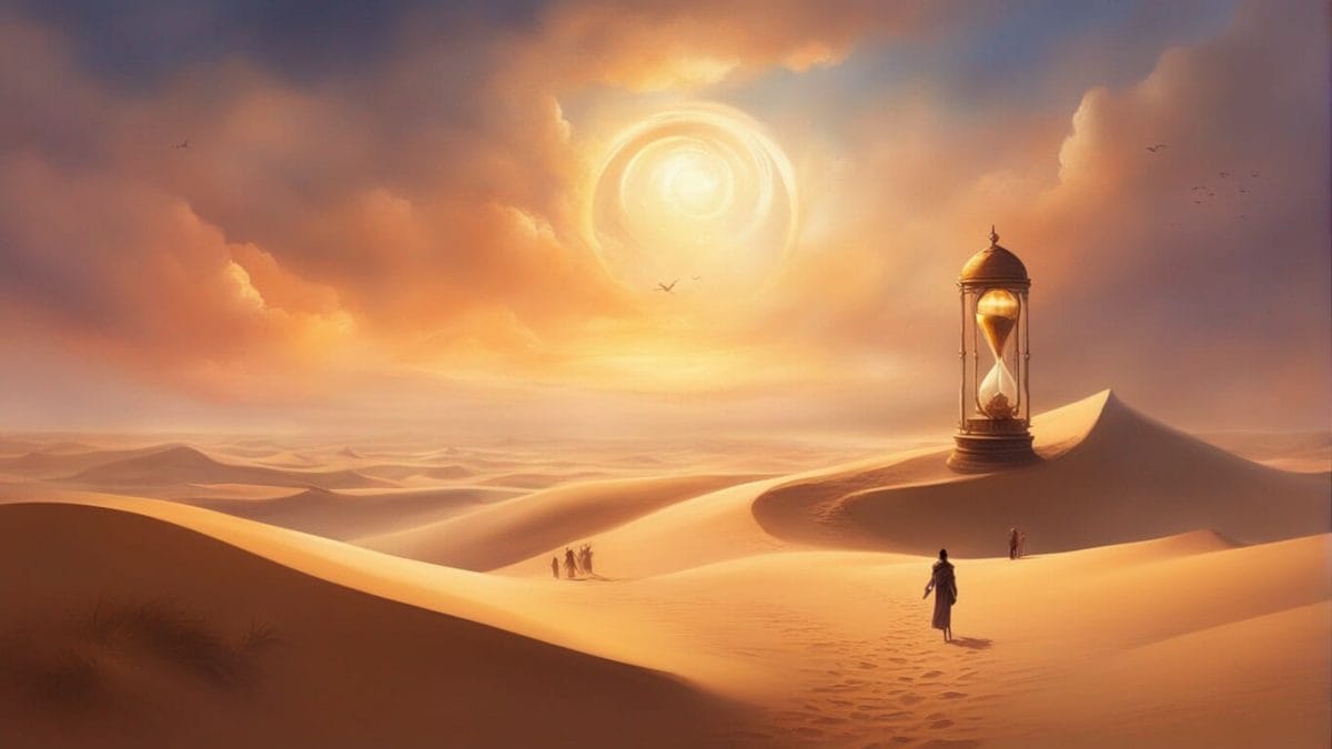 People on the sand dunes, glance at an hourglass, trying to estimate the sand time trends. Another image in the sands of time digital art series.