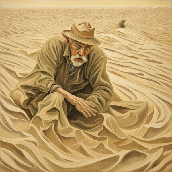 Image 11. Old man stuck in the desert sands, wearing a beige (sand colored) hat and coat that blend into the sand.
