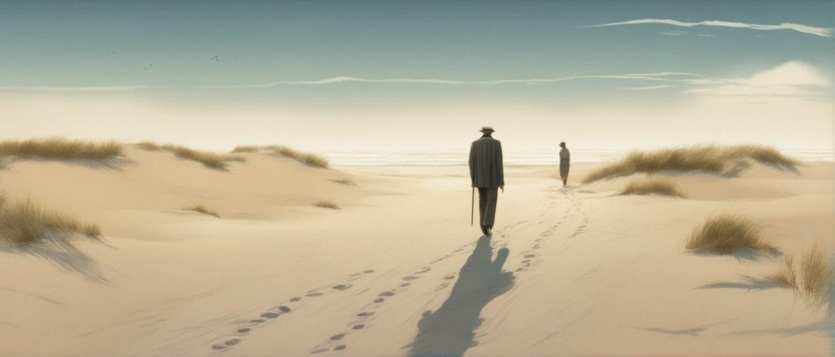 A man walks across the sand dunes, toward the ocean, casting a long shadow behind him.