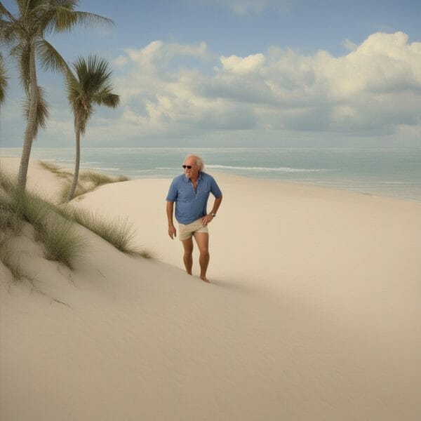 Jimmy Buffett walking on the beach.
