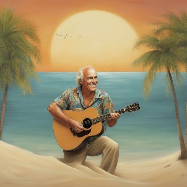 Jimmy Buffett on the beach with his guitar at sunset.