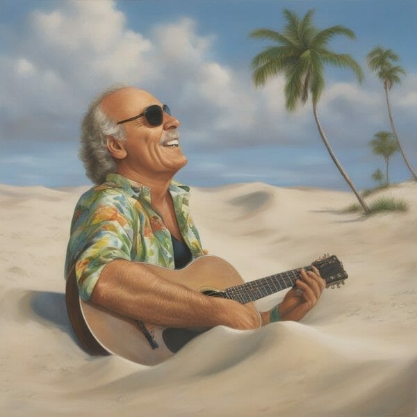 Jimmy Buffett sinking into the sand.